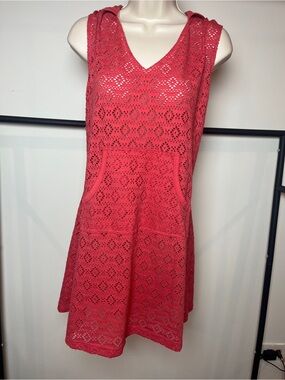 Coral Crochet V-Neck Coverup Swim Dress Hooded Beach Summer Vacation Quick Dry